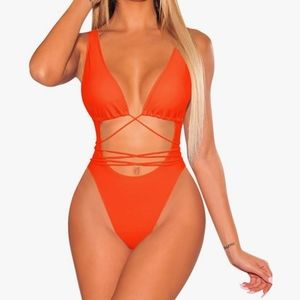 Orange One Piece Strappy Swimsuit Size Small